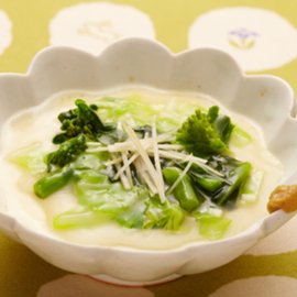 キャベツと菜の花のあんかけ茶碗蒸し（白だし使用）の写真