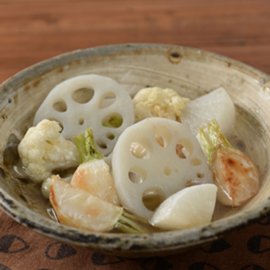 冬野菜の揚げびたし（白だし使用）の写真
